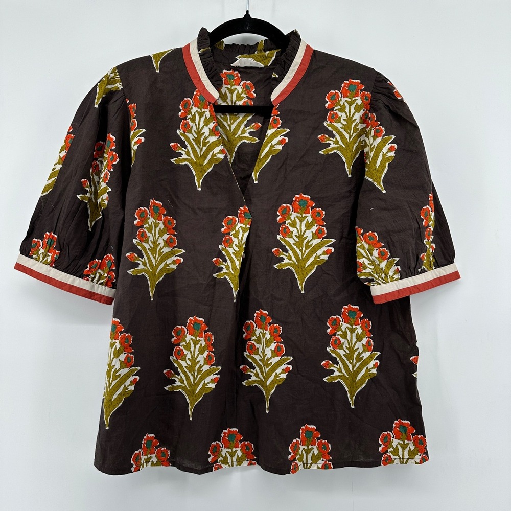 THML Block Print Floral Ruffle Neck Puff Sleeve Top Women's Medium Boho - Picture 2 of 9